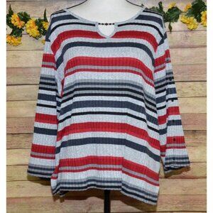 Alfred Dunner Women's 2X Striped Ribbed 3/4 Sleeve Knit Top Shirt Beaded V-Neck